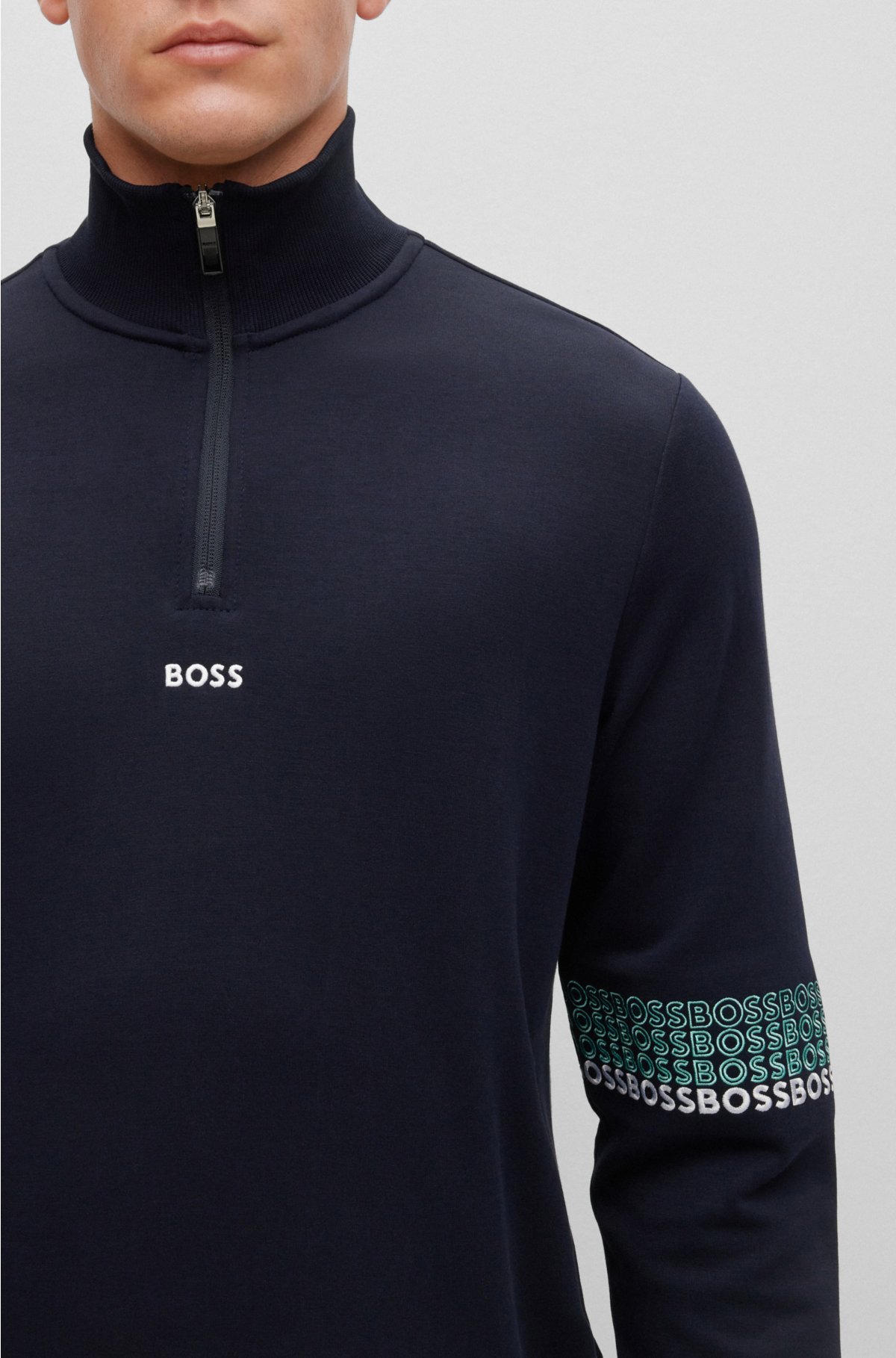 BOSS - Zip-neck sweatshirt with embroidered logos