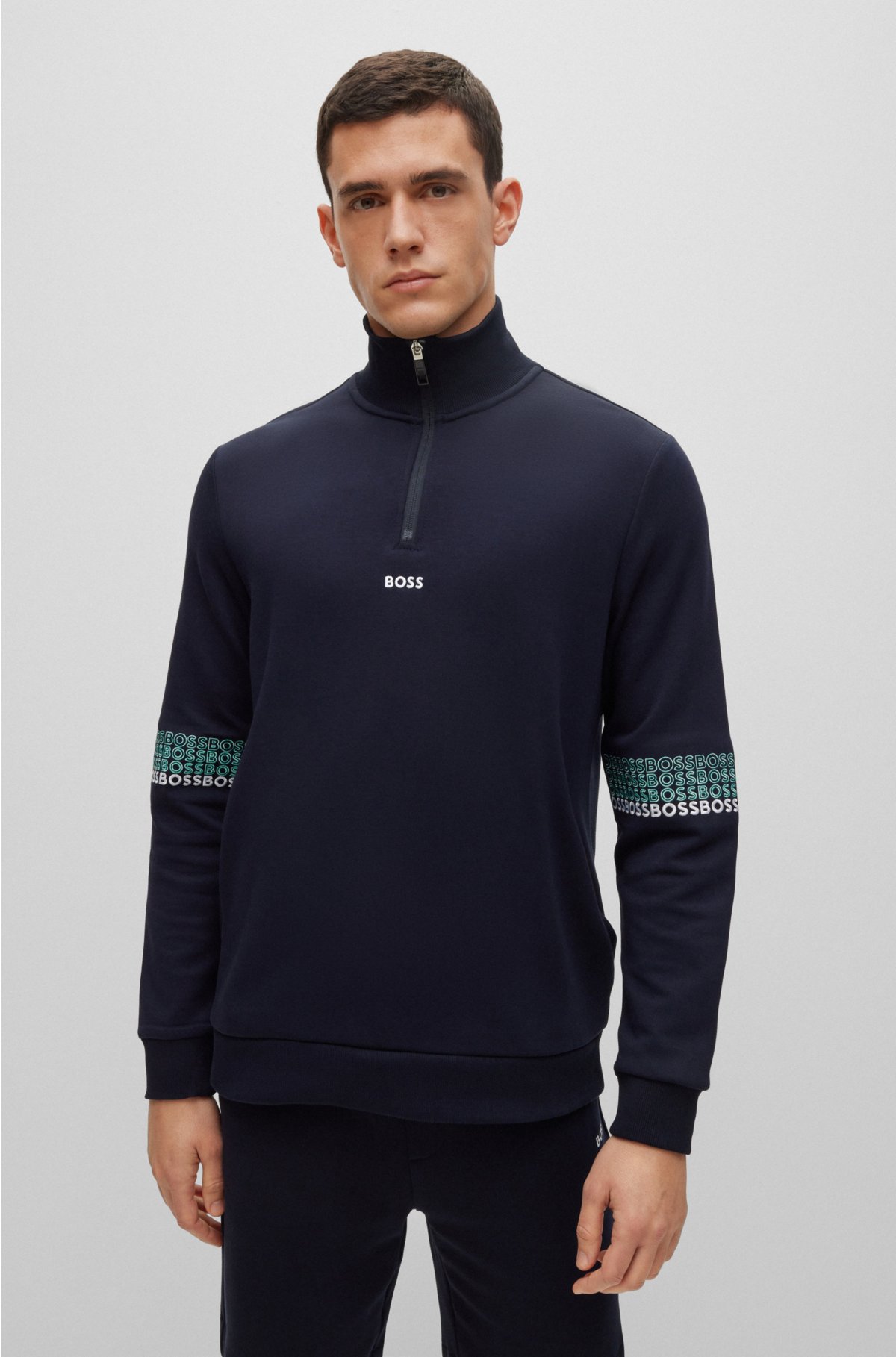 BOSS - Zip-neck sweatshirt with embroidered logos