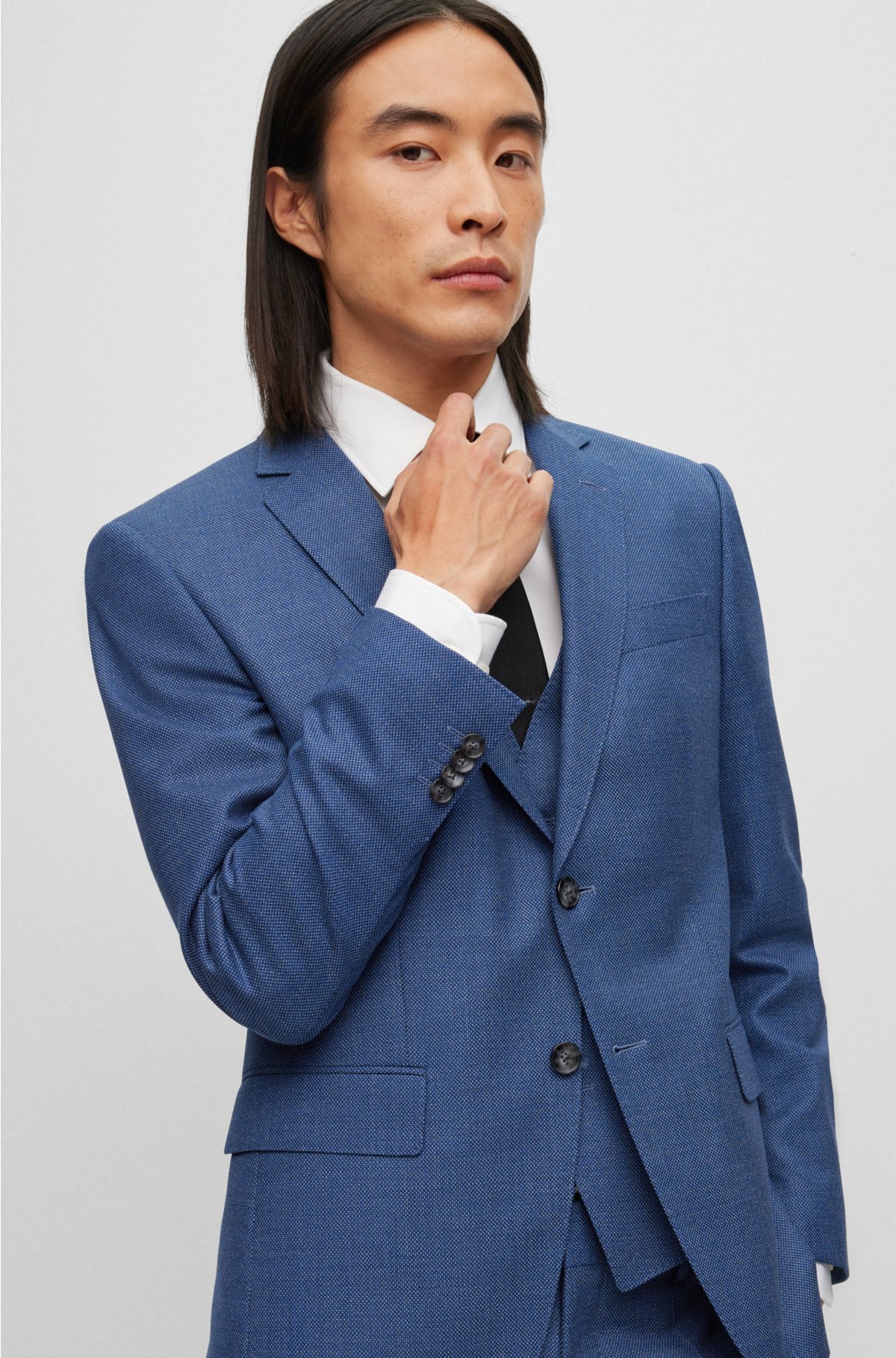 Three-piece slim-fit suit in a wool blend, Blue