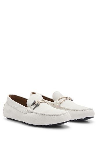 Driver moccasins in suede with cord and hardware details, White