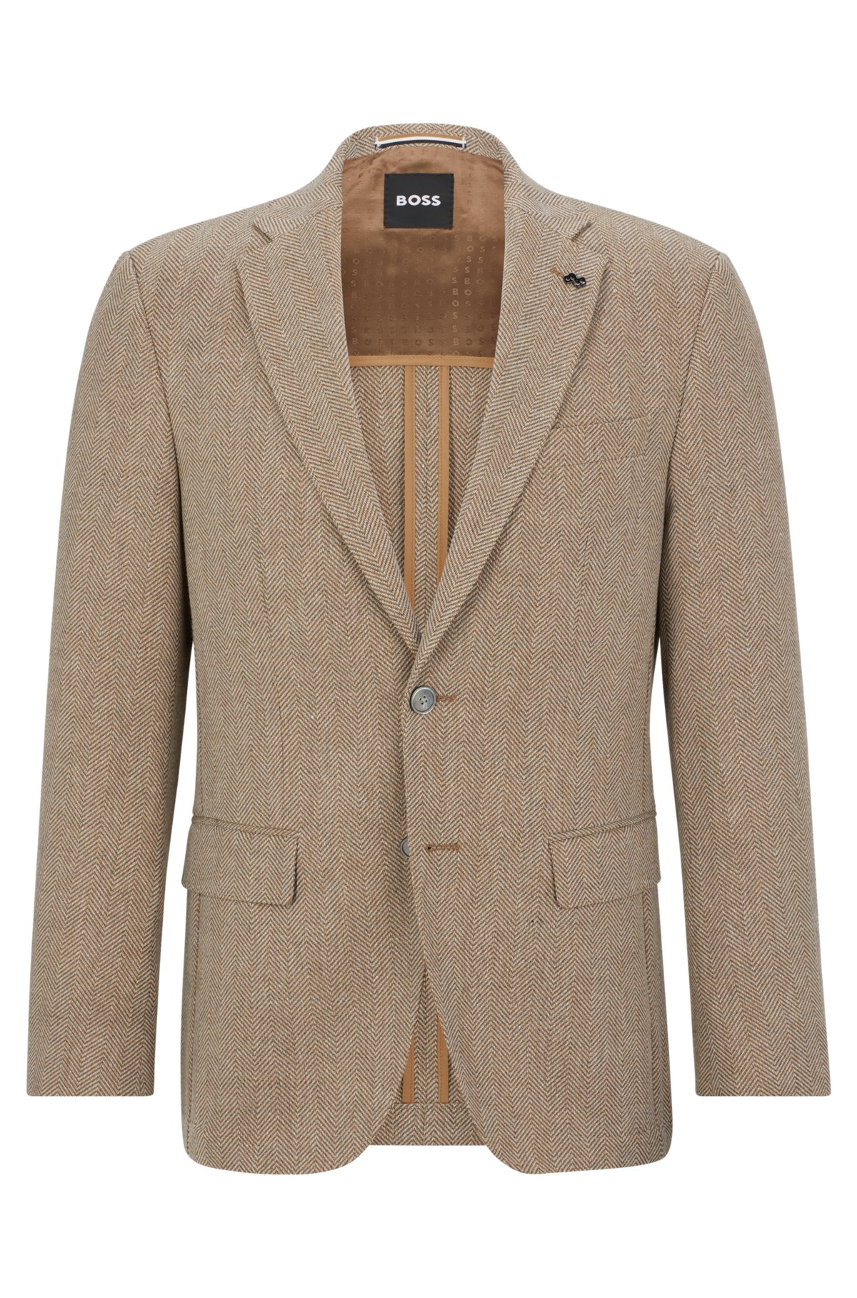 Slim-fit jacket in herringbone cotton and virgin wool, Beige