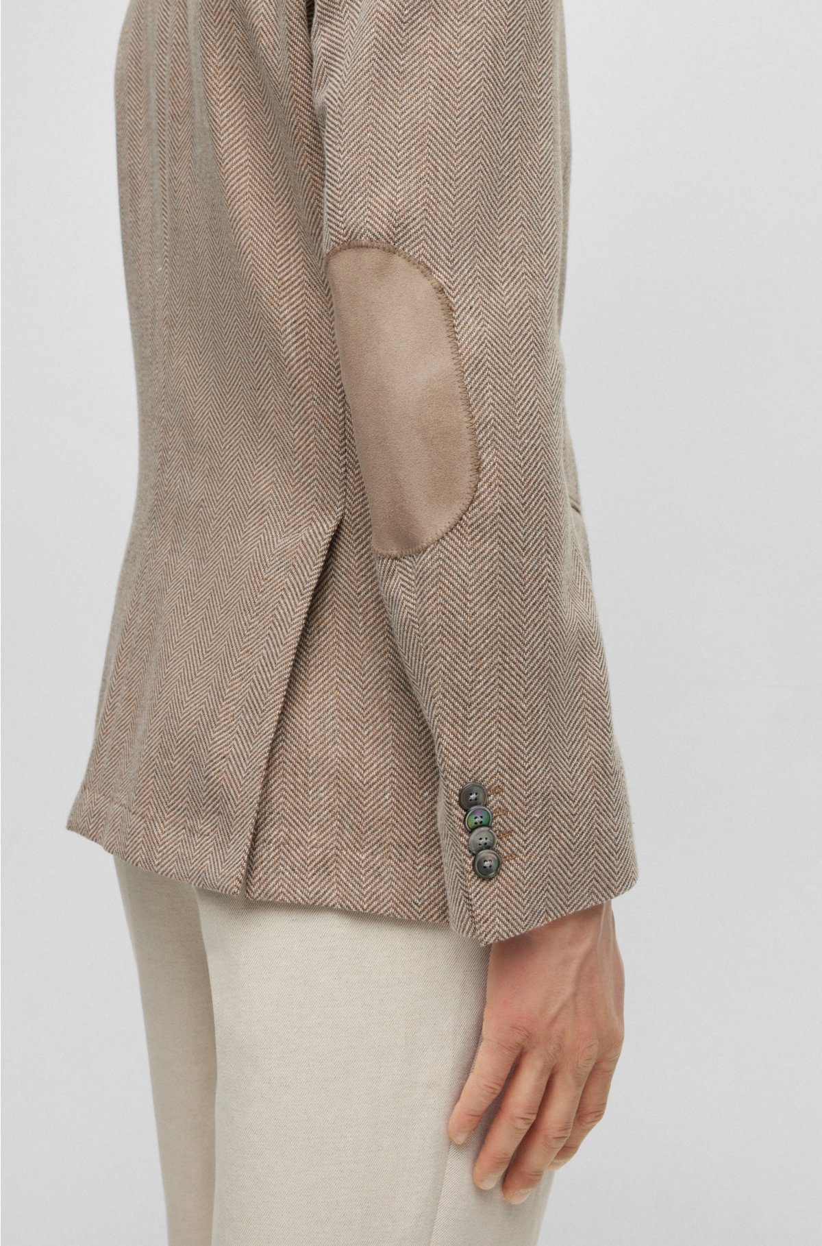 Slim-fit jacket in herringbone cotton and virgin wool, Beige