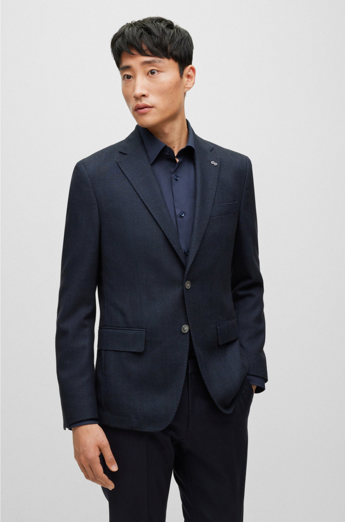 Slim-fit jacket in herringbone cotton and virgin wool, Dark Blue
