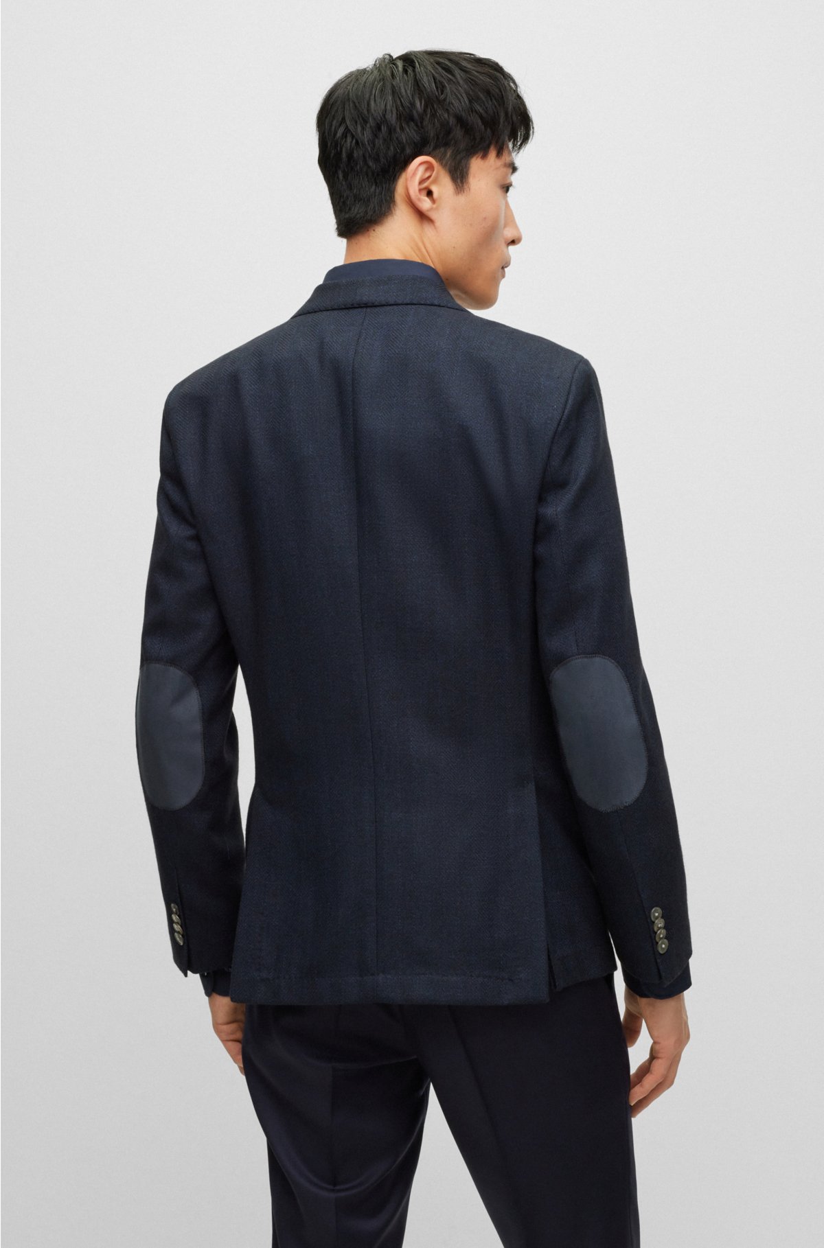 Slim-fit jacket in herringbone cotton and virgin wool, Dark Blue