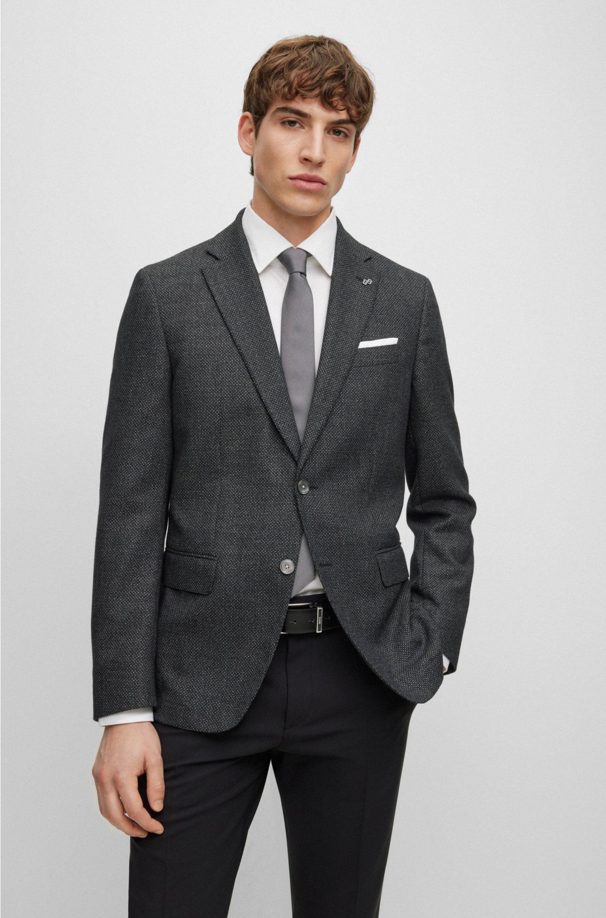Slim-fit jacket in micro-patterned wool and cotton, Black