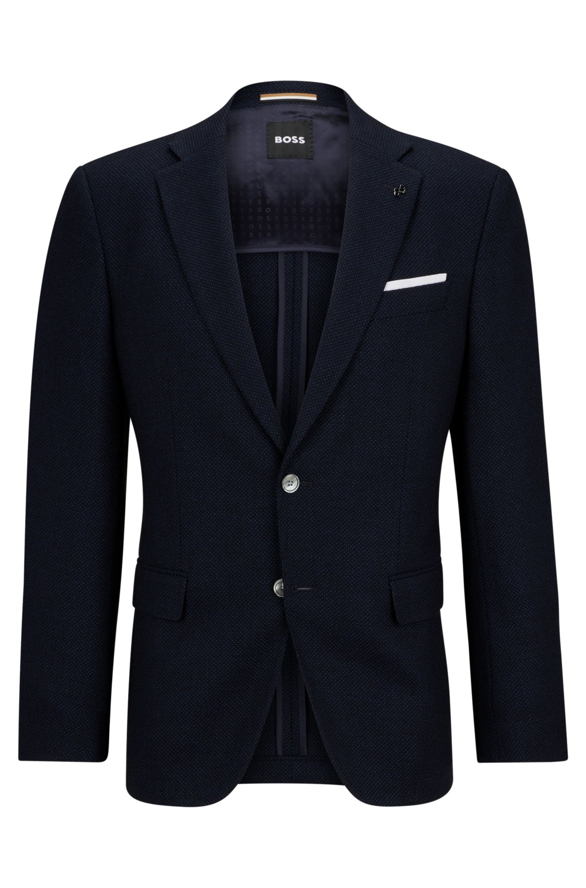 Slim-fit jacket in micro-patterned wool and cotton, Dark Blue