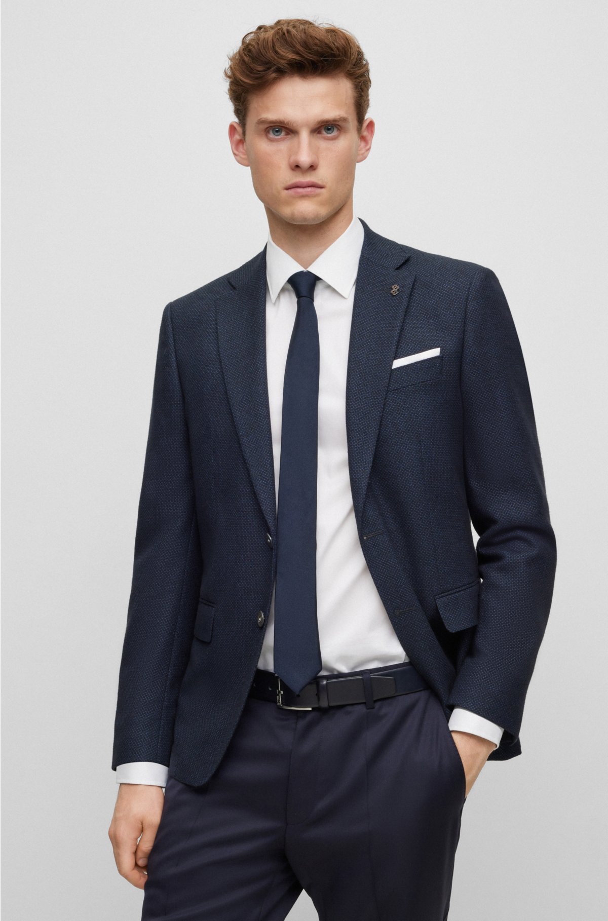 Slim-fit jacket in micro-patterned wool and cotton, Dark Blue