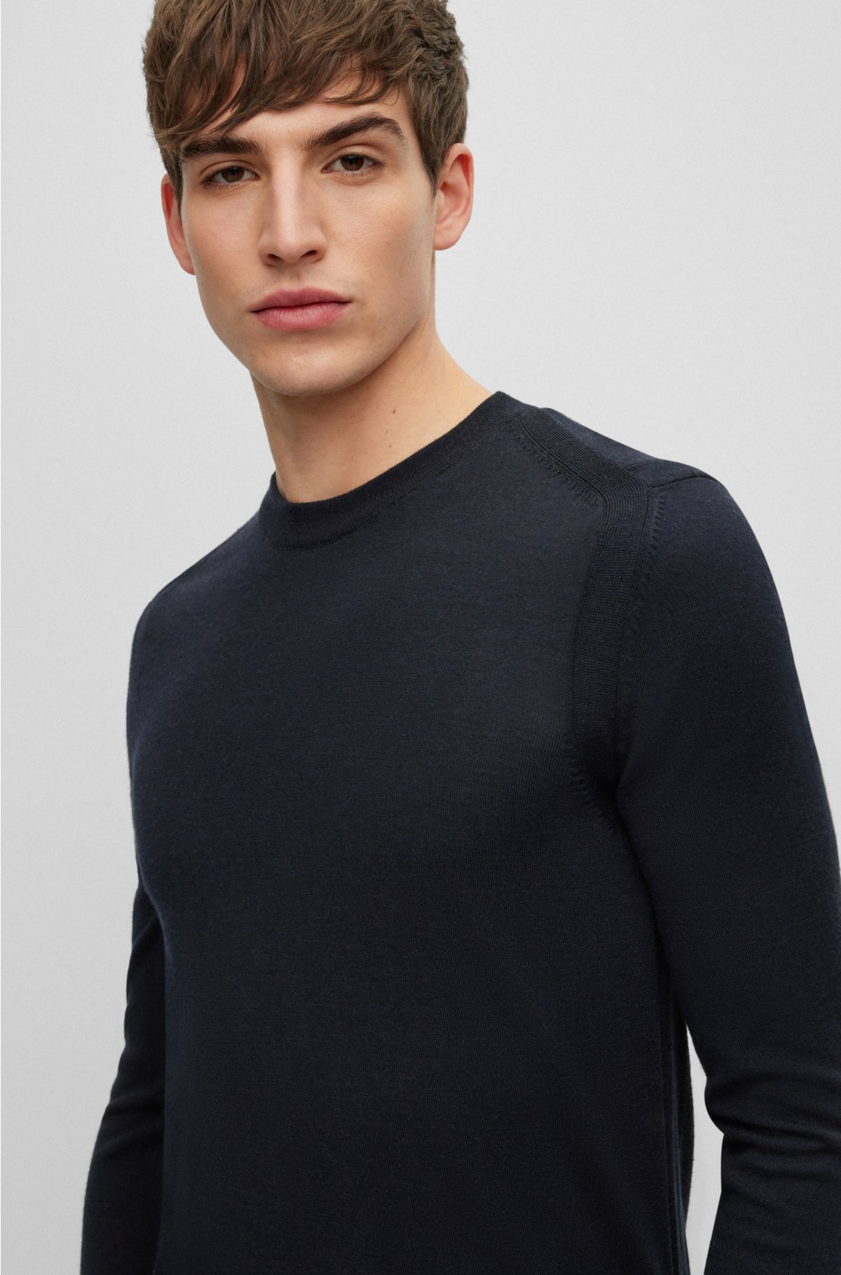 Regular-fit sweater in wool, silk and cashmere, Dark Blue