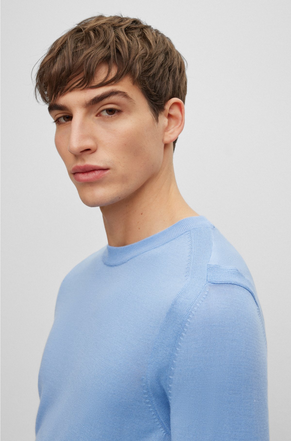 Regular-fit sweater in wool, silk and cashmere, Light Blue