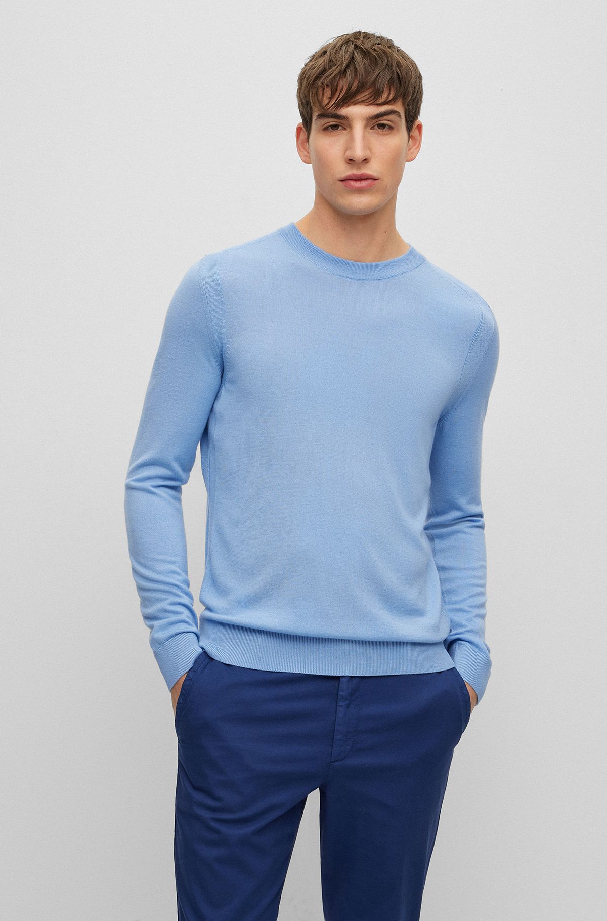 Regular-fit sweater in wool, silk and cashmere, Light Blue