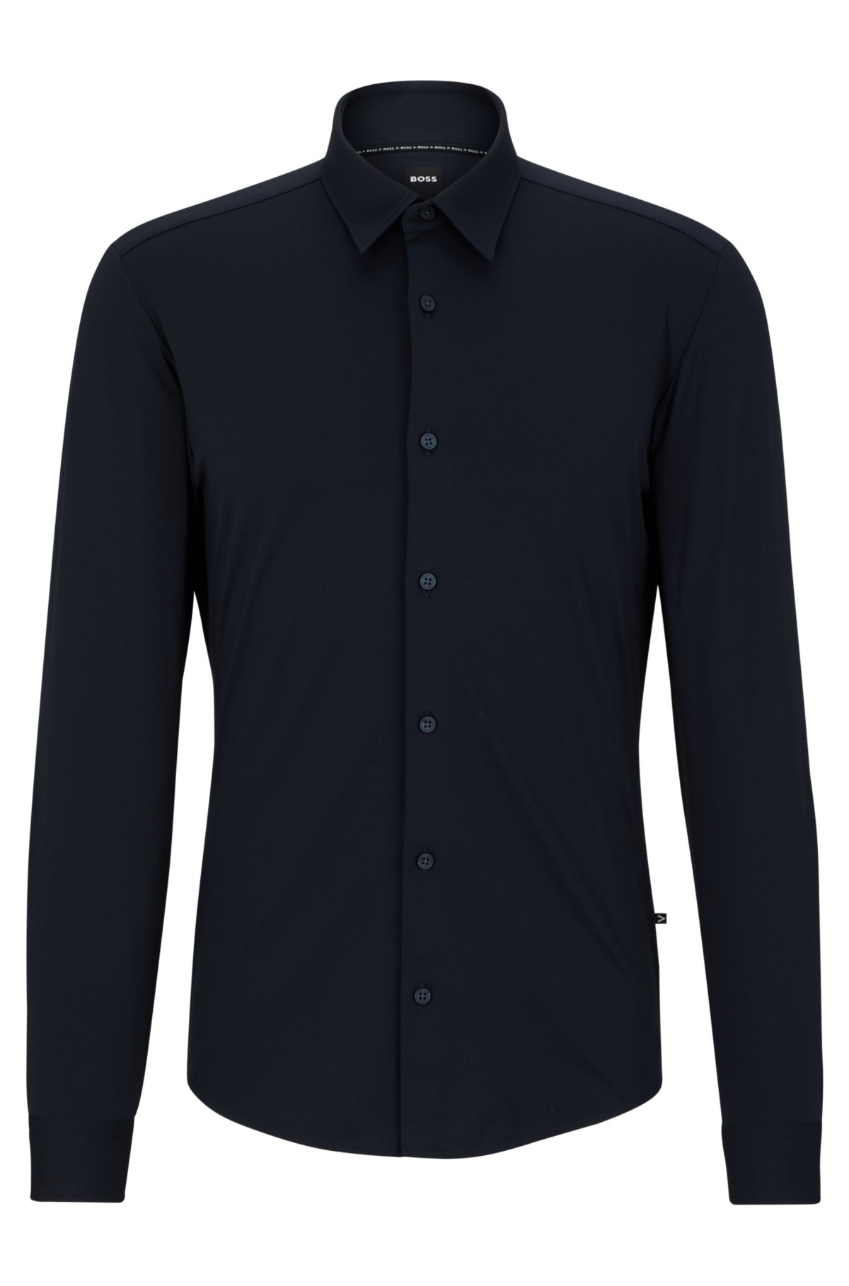 Slim-fit shirt in Italian-made performance-stretch dobby, Dark Blue