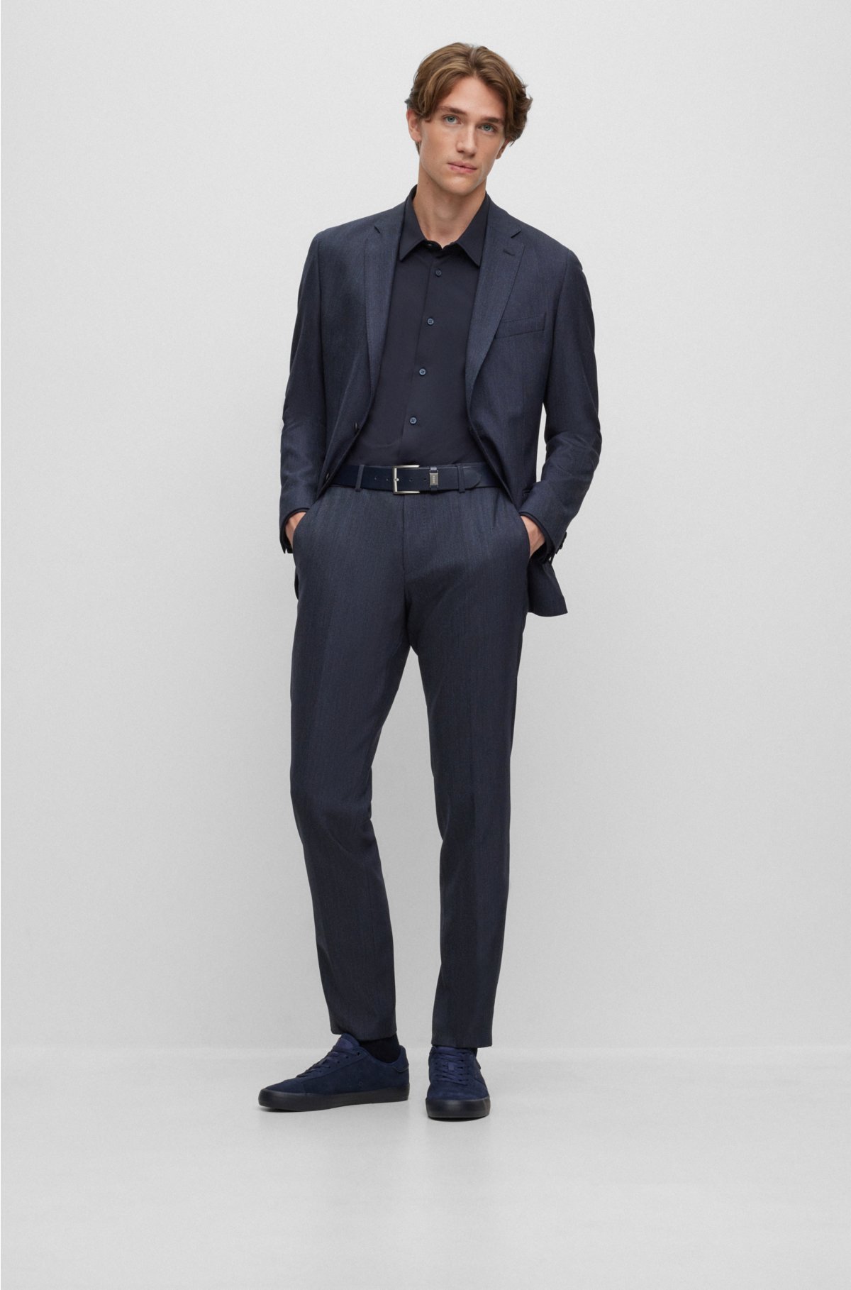 Slim-fit shirt in Italian-made performance-stretch dobby, Dark Blue