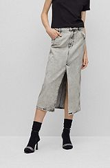 Bleach-washed denim skirt with front slit, Grey