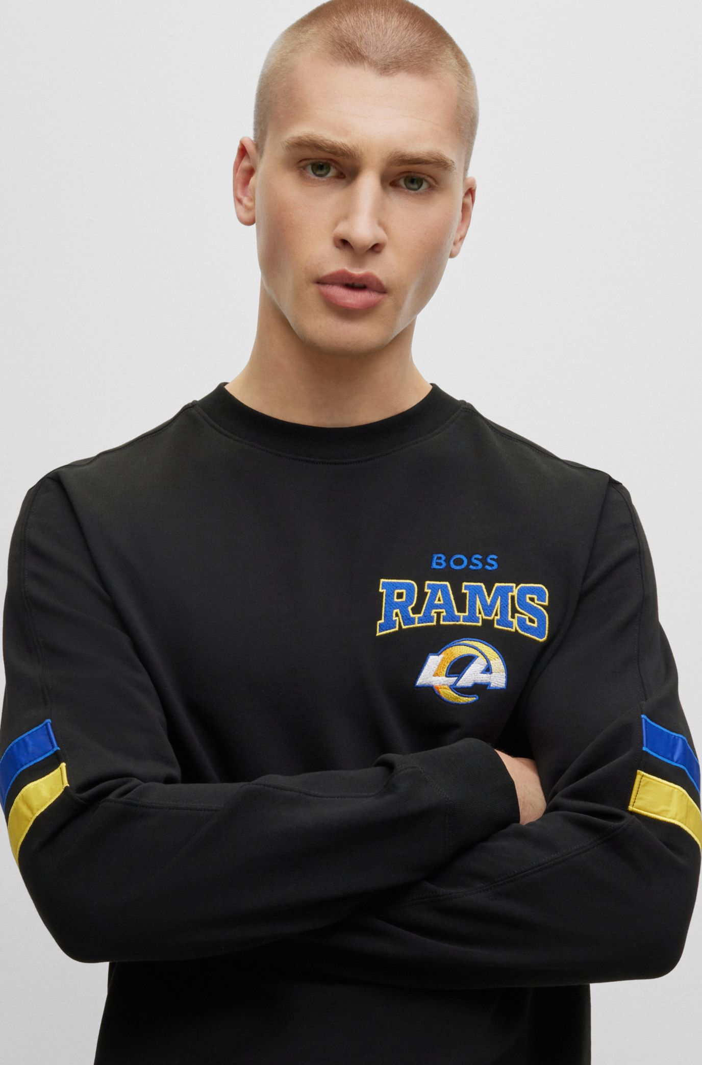 Men's Boss x NFL Black/Royal Los Angeles Rams Drive Crew Neck Pullover Sweatshirt Size: Medium