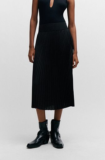 Plissé pleated midi skirt with stacked-logo waistband, Black