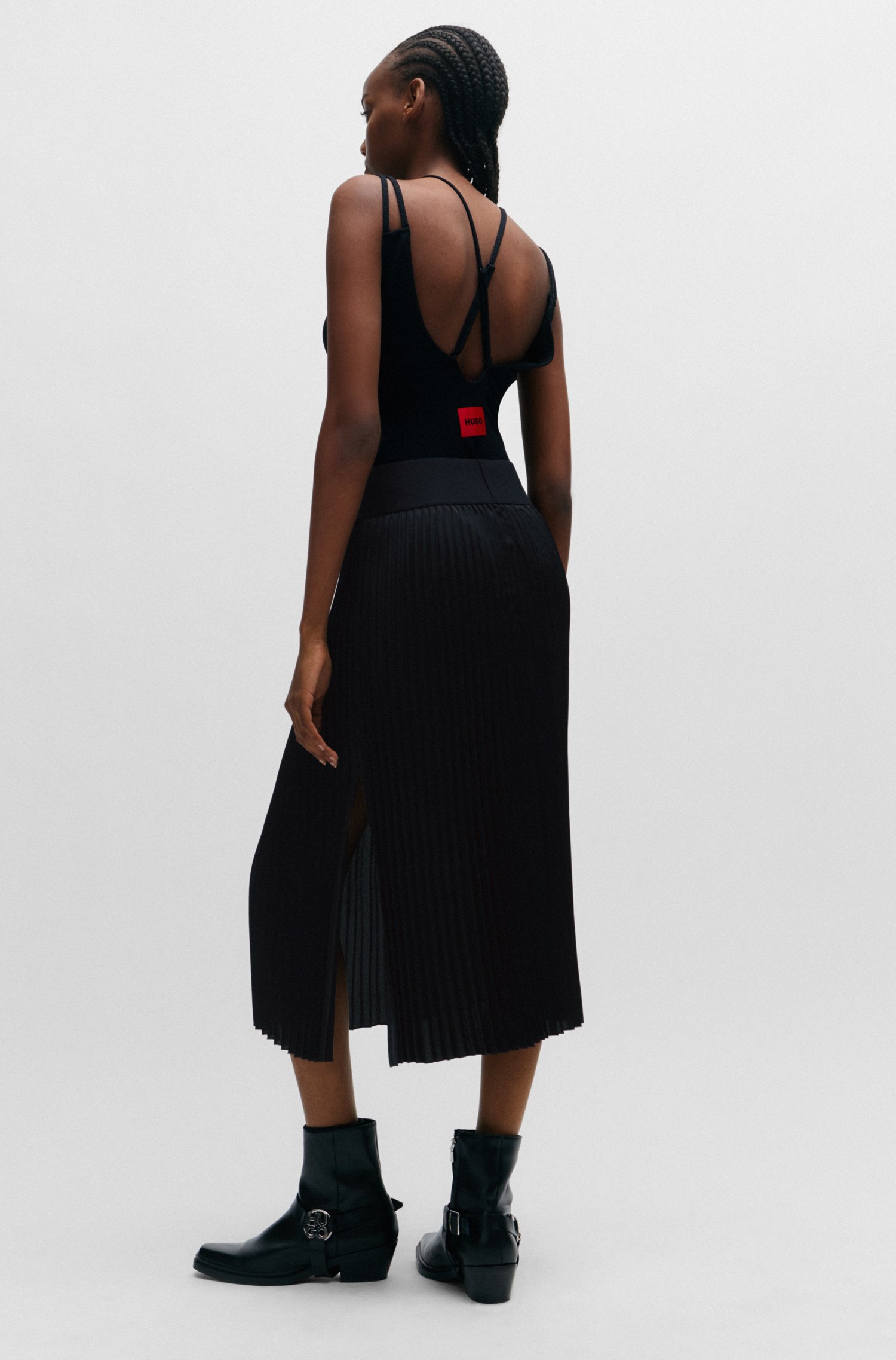 Plissé pleated midi skirt with stacked-logo waistband