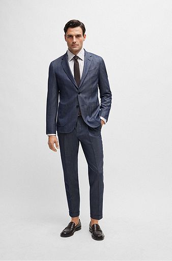 Slim-fit suit in stretch wool with silk and linen, Dark Blue