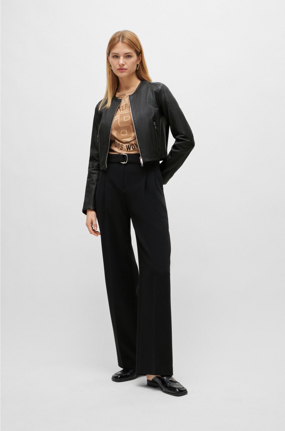 BOSS - Collarless slim-fit jacket in rich leather