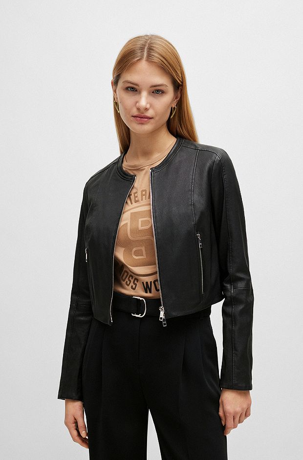 Collarless slim-fit jacket in rich leather, Black