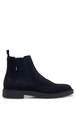 Hugo Boss Suede Chelsea Boots With Signature-stripe Detail In Dark Blue