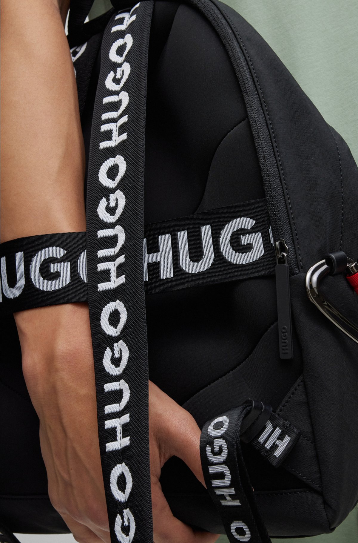 HUGO - Wrinkle-effect nylon backpack with logo straps
