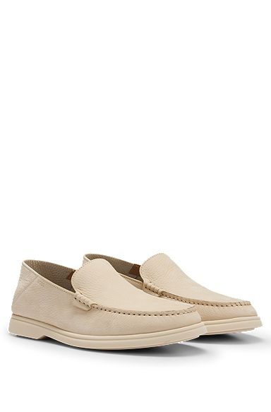 Nubuck moccasins with embossed logo and apron toe, White