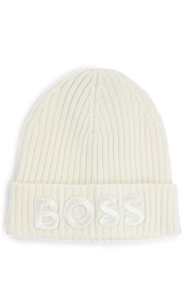 Embroidered-logo beanie hat in virgin wool, White