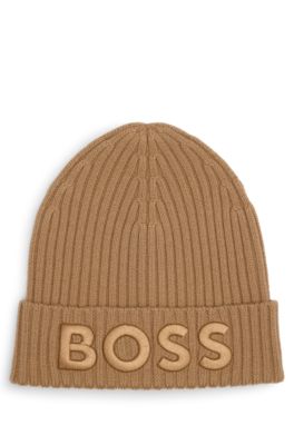 Logo-embroidered beanie wool rib-knit BOSS in hat - virgin