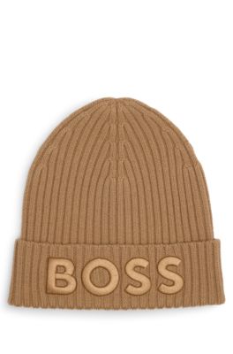 Gorro de punto de canal&eacute; de lana virgen con logo bordado, Beige