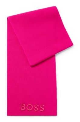 Hugo Boss Ribbed Scarf In Virgin Wool With Tonal Embroidered Logo In Pink