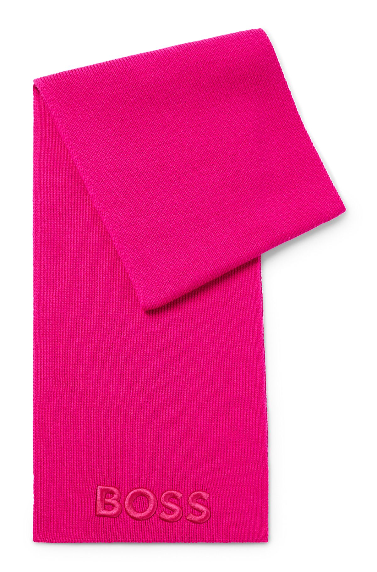 Ribbed scarf in virgin wool with tonal embroidered logo, Pink