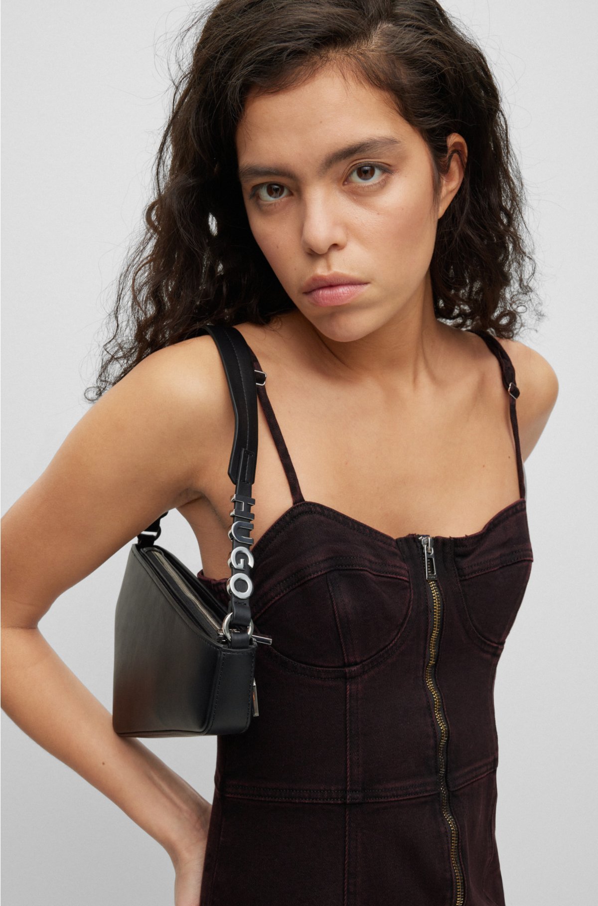 HUGO - Asymmetric shoulder logo metallic leather with bag in faux