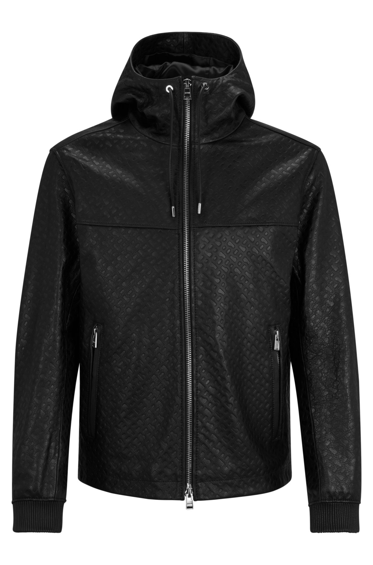 Hugo Boss Hooded Relaxed-Fit Jacket in Monogrammed Leather- Black | Men's Leather Jackets Size 38R
