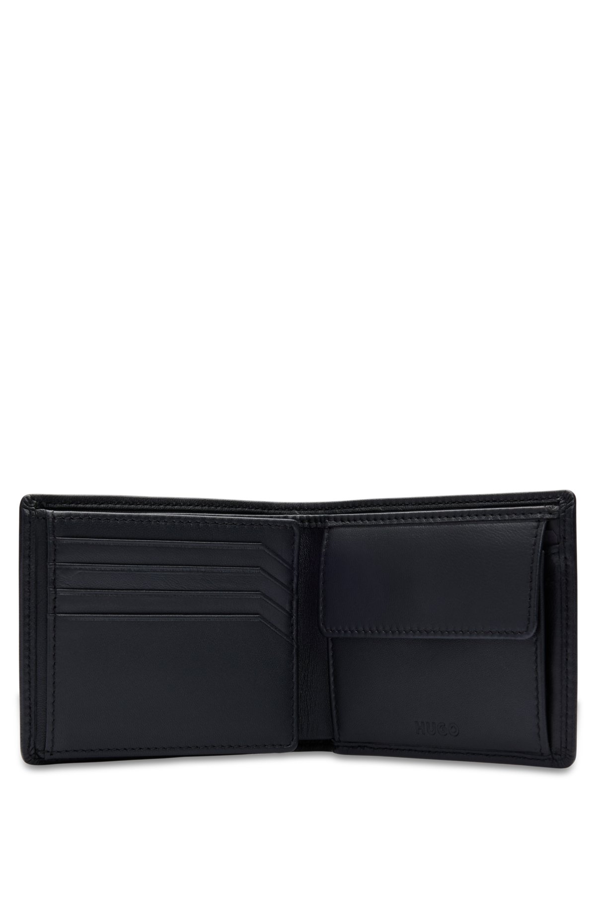 HUGO - Trifold wallet in smooth leather with metal-framed logo