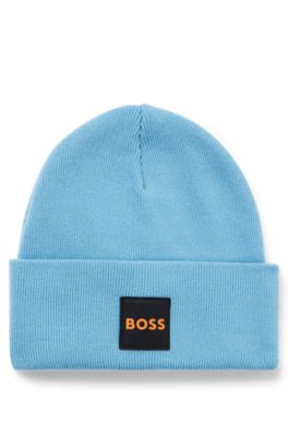 Hugo Boss Double-layer Beanie Hat With Logo Patch In Light Blue