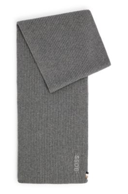 Hugo Boss Ribbed Scarf In A Cotton Blend With Logo Details In Grey