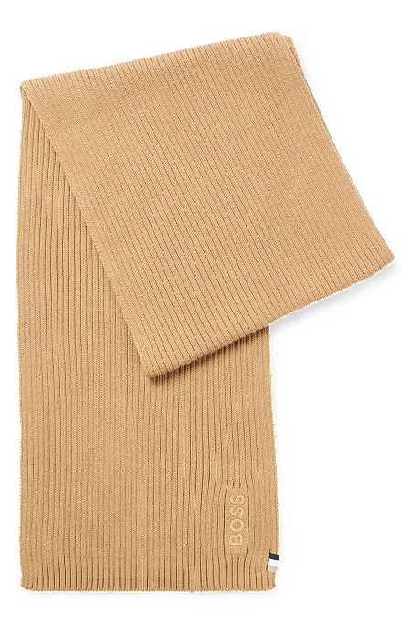 Ribbed scarf in a cotton blend with logo details, Beige
