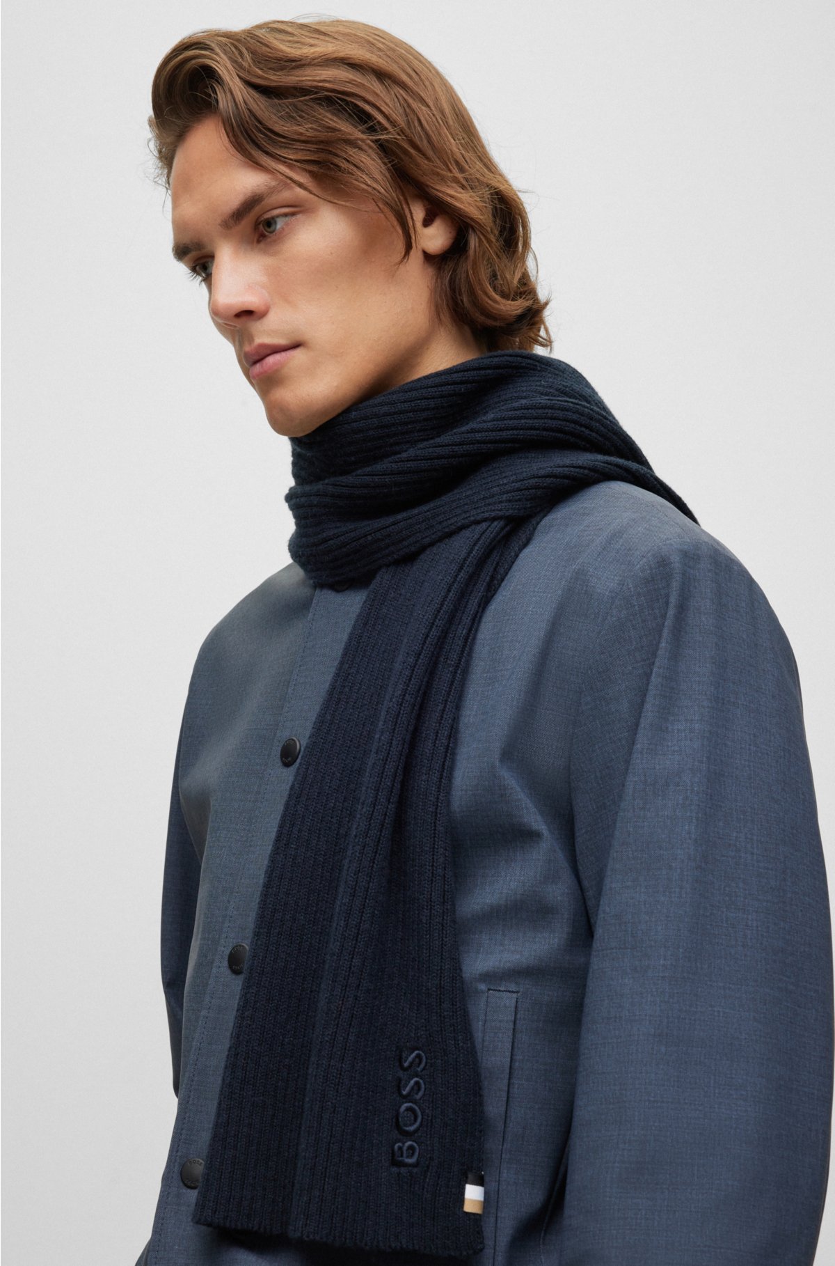 Ribbed scarf in a cotton blend with logo details, Dark Blue