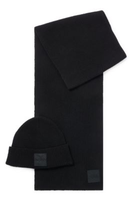 Hugo Boss Scarf And Beanie Hat Set With Embroidered-logo Badge In Black