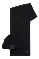 Scarf and beanie hat set with embroidered-logo badge, Black