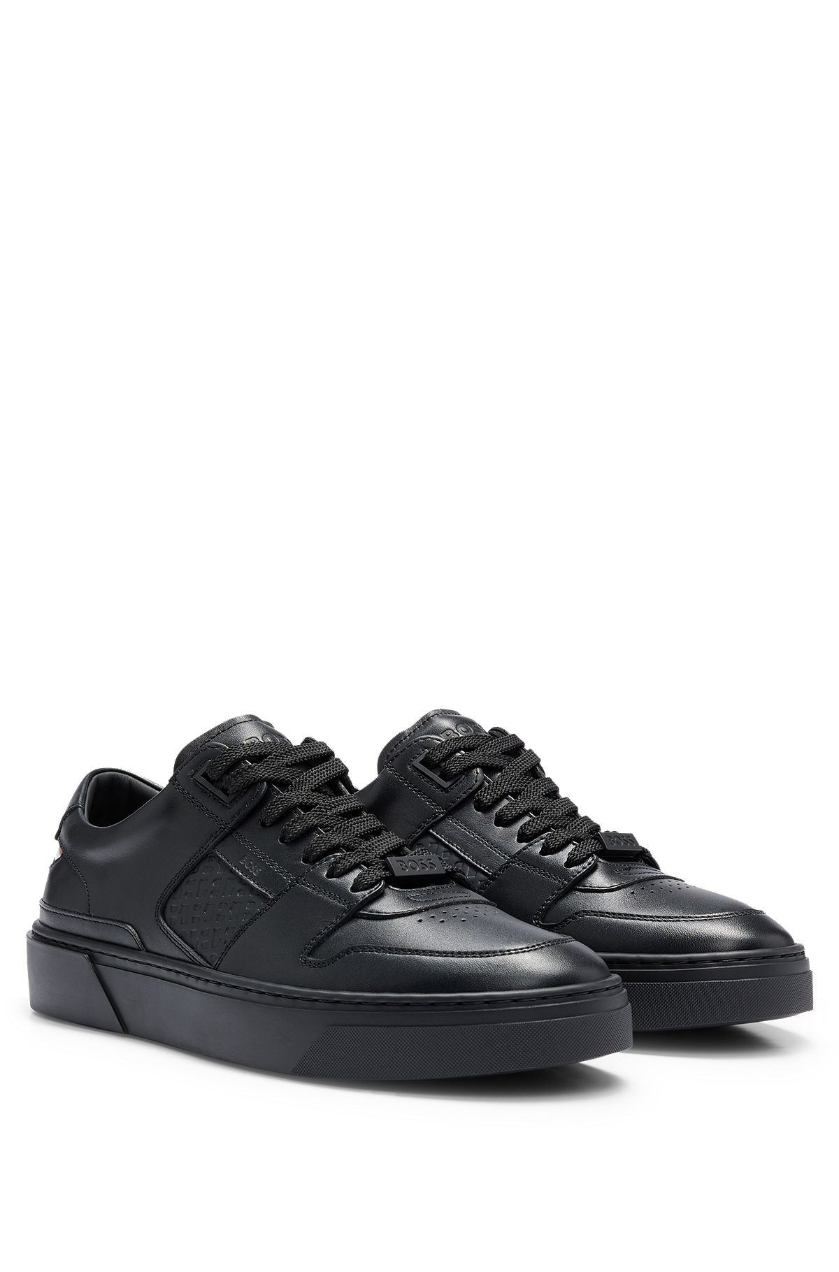 Leather lace-up trainers with monogram detailing, Black