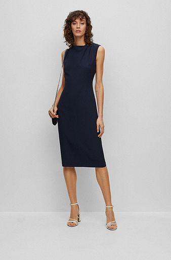 Slim-fit business dress with feature neckline , Dark Blue