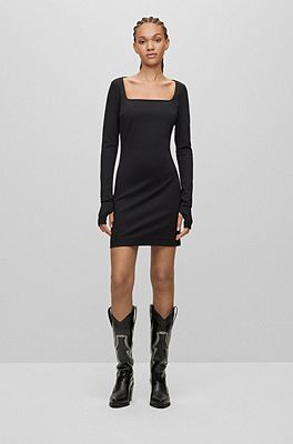 HUGO - Square-neck long-sleeved dress in stretch jersey