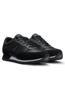 Running-inspired trainers with faux-leather trims, Black