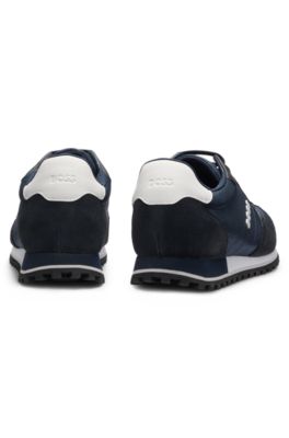 Baskets avec logos et d&eacute;tails en similicuir, Bleu fonc&eacute;