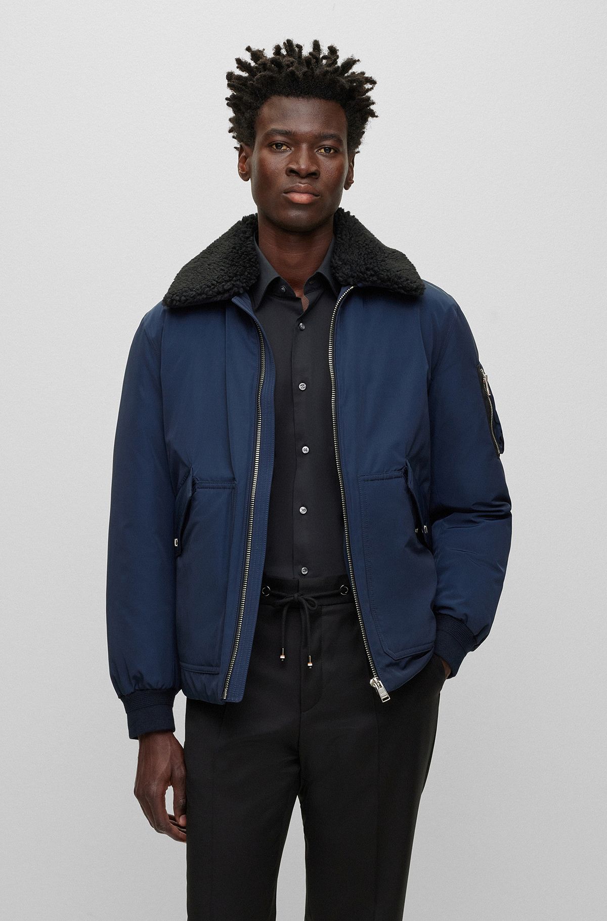 Water-repellent jacket with faux-fur collar, Dark Blue