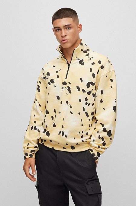 Zip-neck sweatshirt in French terry with dalmatian print, Light Beige