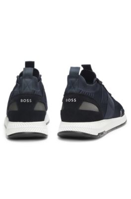 Knitted-upper trainers with suede trims, Dark Blue