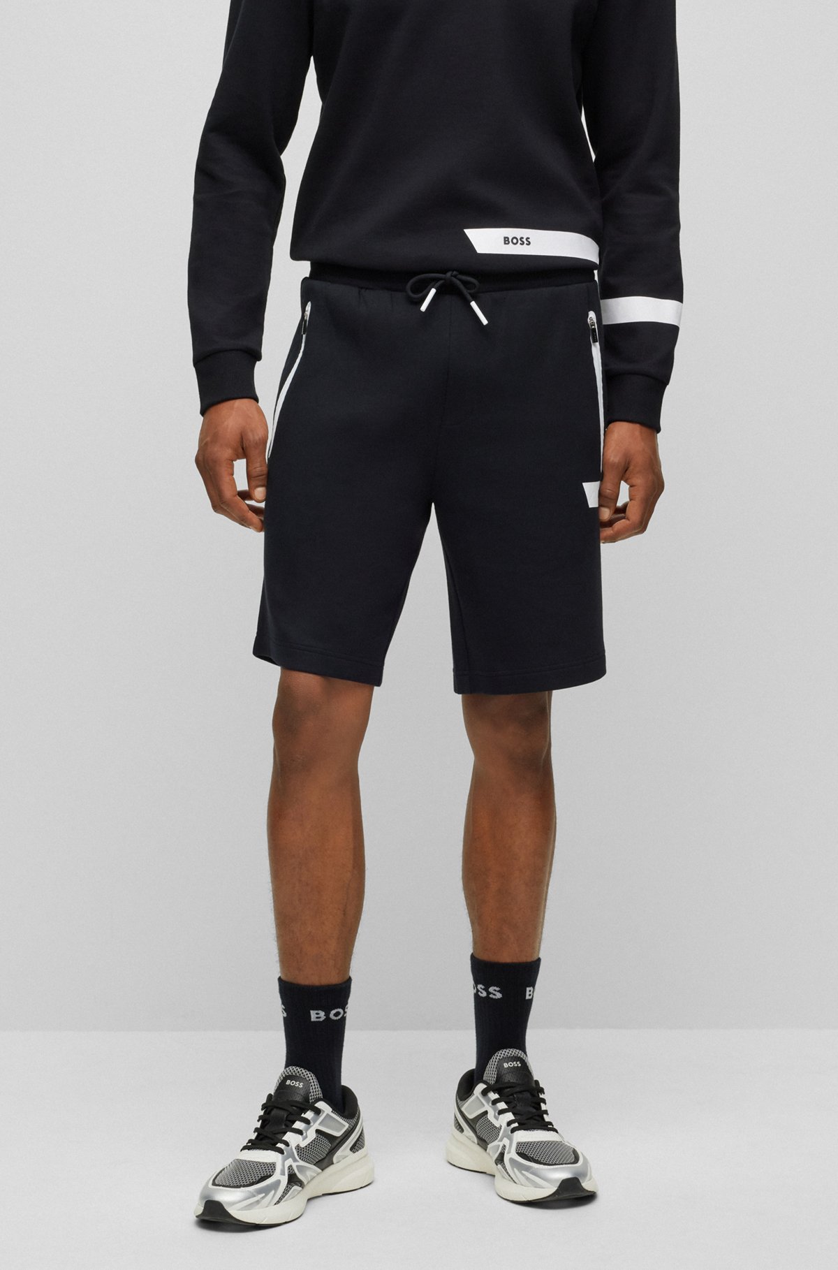 BOSS Cotton-blend drawstring shorts with logo stripe in Black | Men's Jogging Pants size XXL
