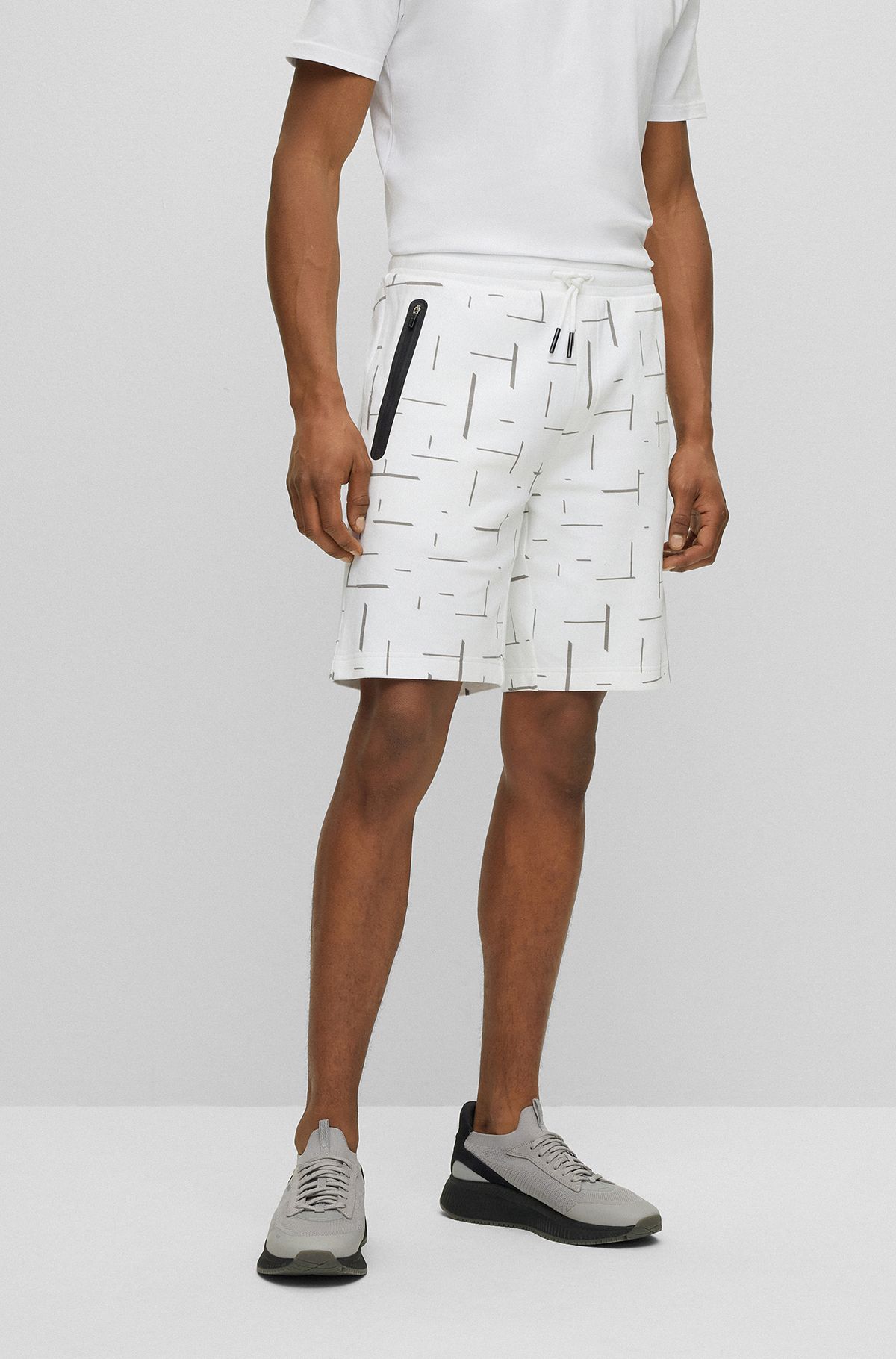 Cotton-blend drawstring shorts with logo stripe, White